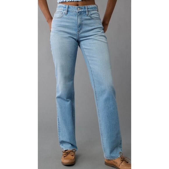 NWT American Eagle AE Jeans Super High Rise Straight Stretch 8 Short 29 Light - Picture 1 of 13